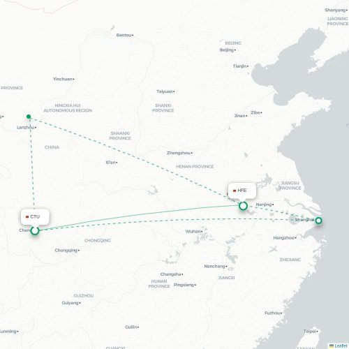 Mapa lotu bezpośredniego Chengdu – Hefei