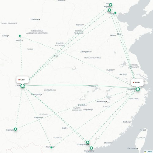 Mapa lotu bezpośredniego Chengdu – Hangzhou