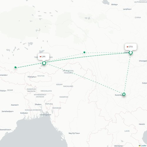 Mapa de vuelo directo Chengdu - Lhasa