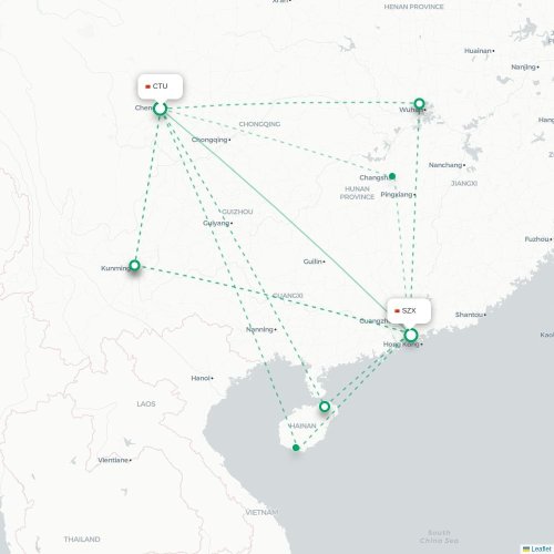 Mapa de vuelo directo Chengdu - Shenzhen