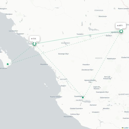 Mapa lotu bezpośredniego Culiacán – Monterrey