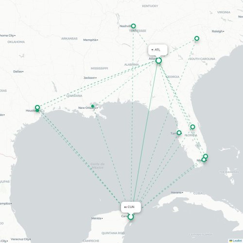 Mapa lotu bezpośredniego Cancún – Atlanta