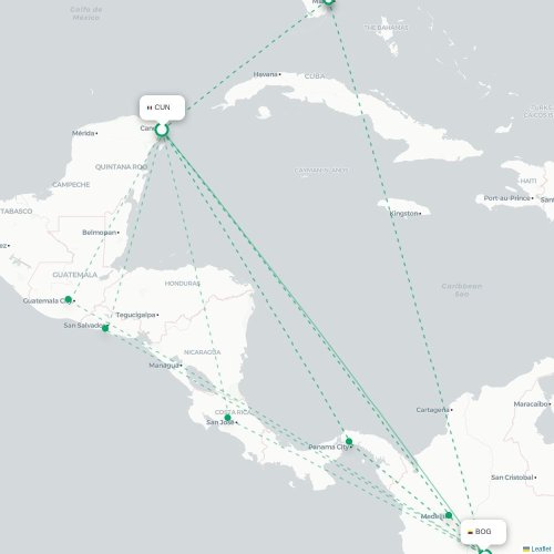 Mapa de vuelo directo Cancún - Bogotá