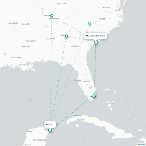 Mapa de vuelo directo Cancún - Charleston