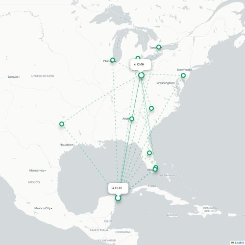 Mapa lotu bezpośredniego Cancún – Columbus