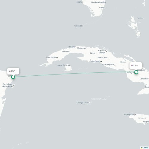 Mapa lotu bezpośredniego Cancún – Camagüey