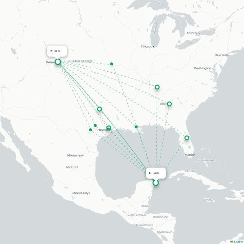 Cancun - Denver karta över direktflyg