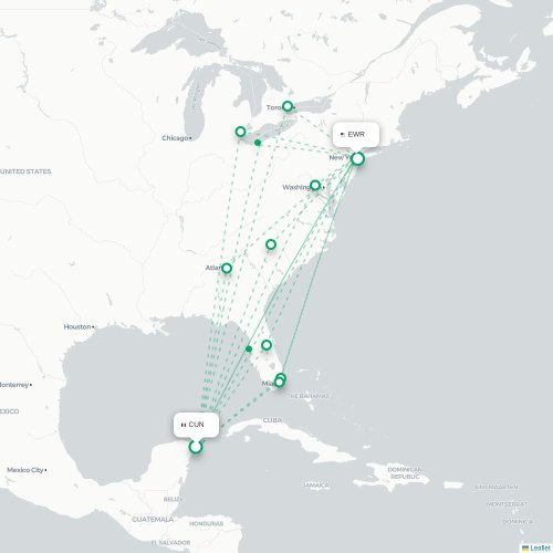 Mapa de vuelo directo Cancún - Newark