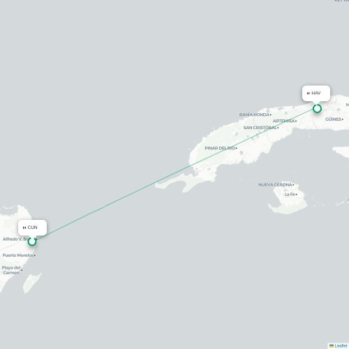 Mapa lotu bezpośredniego Cancún – Hawana