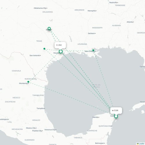 Cancun - Houston karta över direktflyg