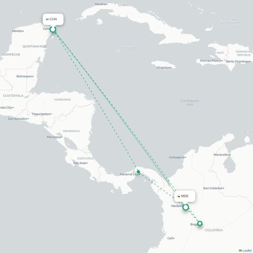 Mapa de vuelo directo Cancún - Medellín