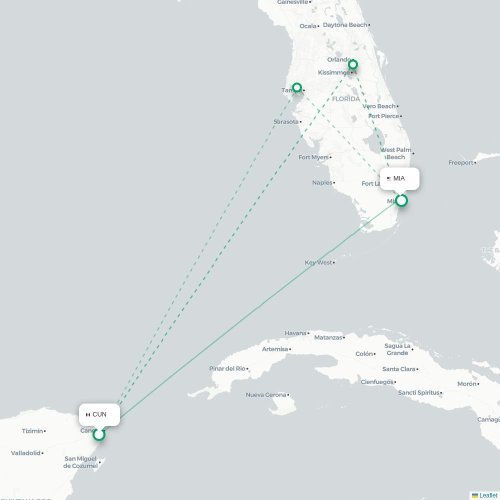 Mapa lotu bezpośredniego Cancún – Miami