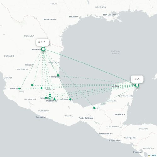 Mapa de vuelo directo Cancún - Monterrey