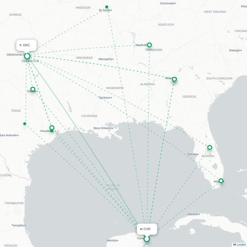 Mapa de vuelo directo Cancún - Oklahoma City