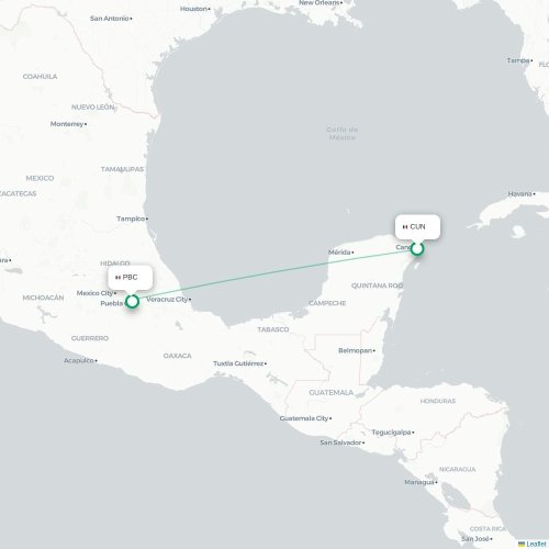 Mapa de vuelo directo Cancún - Puebla de Zaragoza