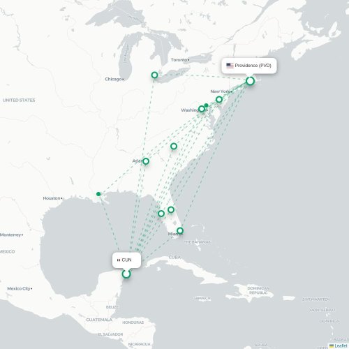 Mapa de vuelo directo Cancún - Providence