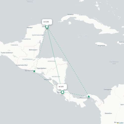 Mapa de vuelo directo Cancún - San José
