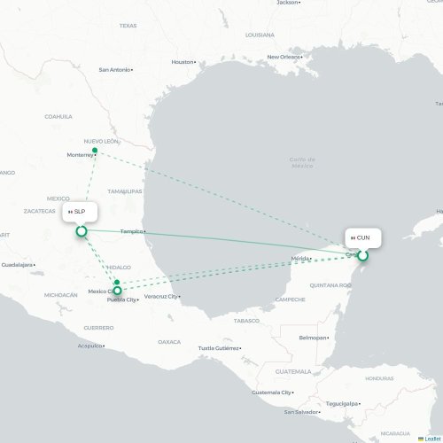 Mapa lotu bezpośredniego Cancún – San Luis Potosí