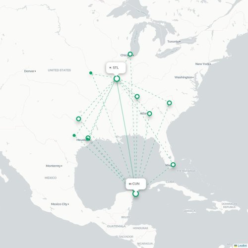 Mapa lotu bezpośredniego Cancún – Saint Louis