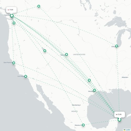 Mapa de vuelo directo Cancún - Vancouver