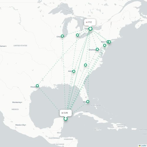 Mapa de vuelo directo Cancún - Toronto