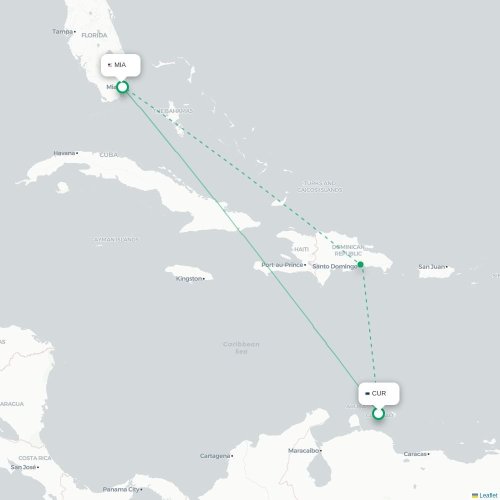 Willemstad - Miami kaart van rechtstreekse vlucht