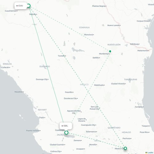 Mapa lotu bezpośredniego Chihuahua – Guadalajara