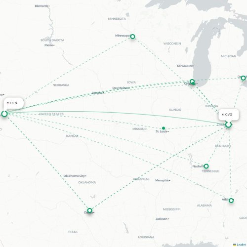 Mapa lotu bezpośredniego Cincinnati – Denver