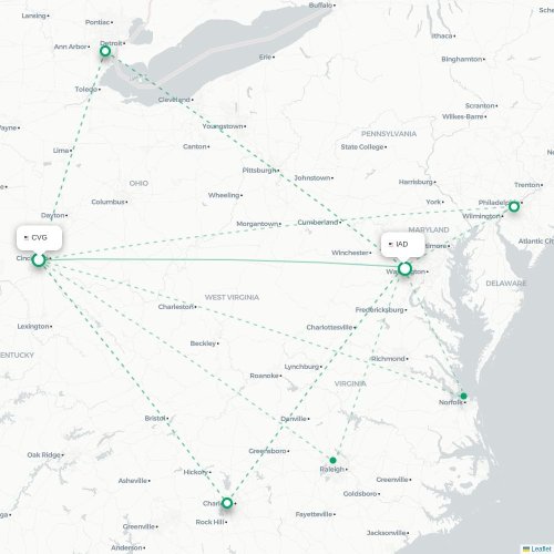 Mapa lotu bezpośredniego Cincinnati – Waszyngton
