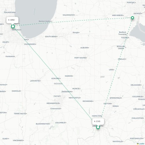 Mapa lotu bezpośredniego Cincinnati – Chicago