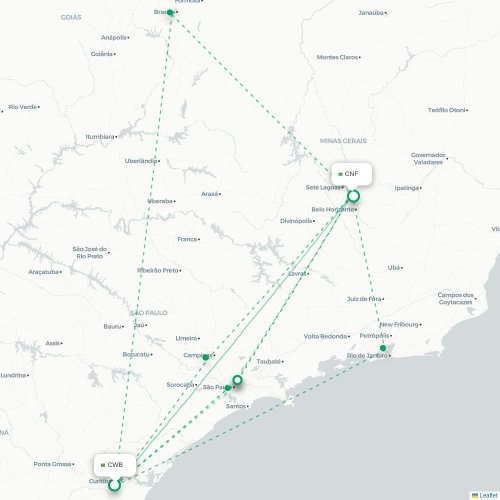 Curitiba - Belo Horizonte karta över direktflyg