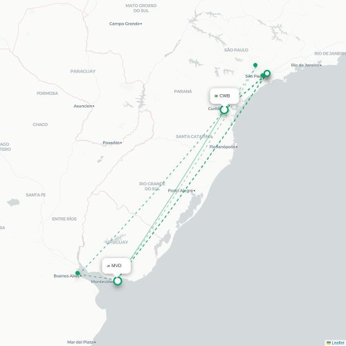 Mapa lotu bezpośredniego Kurytyba – Montevideo