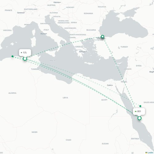 Mapa lotu bezpośredniego Constantine – Dżudda