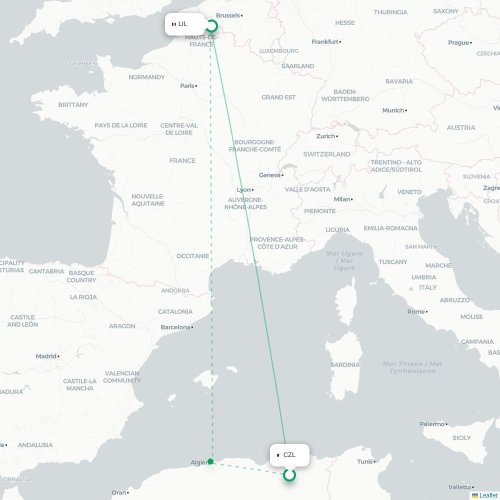 Mapa de vuelo directo Constantine - Lille
