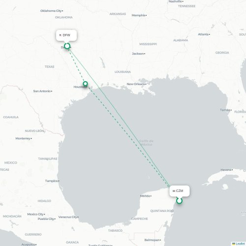 Mapa lotu bezpośredniego Cozumel – Dallas
