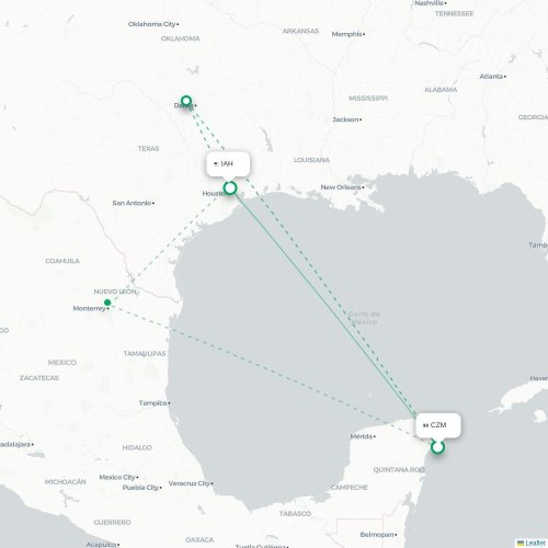Mapa lotu bezpośredniego Cozumel – Houston