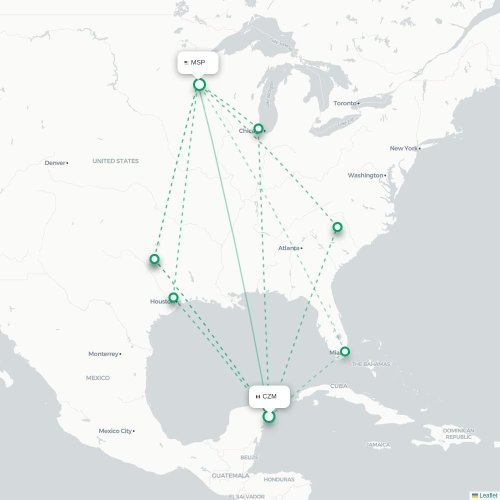 Mapa lotu bezpośredniego Cozumel – Minneapolis