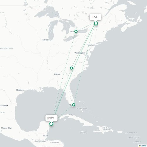 Mapa de vuelo directo Cozumel - Montreal