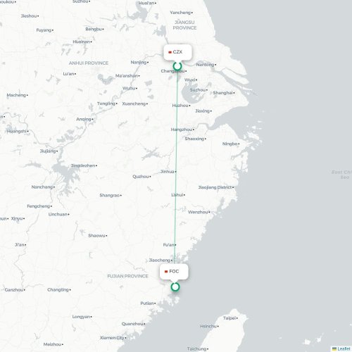Mapa lotu bezpośredniego Changzhou – Fuzhou