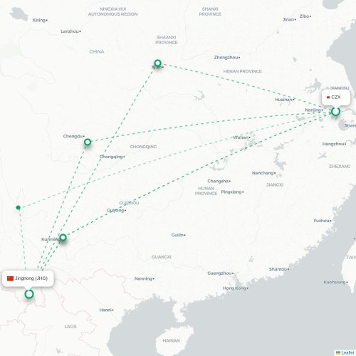 Mapa lotu bezpośredniego Changzhou – Xishuangbanna