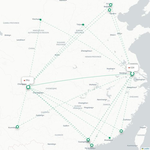 Mapa lotu bezpośredniego Changzhou – Chengdu