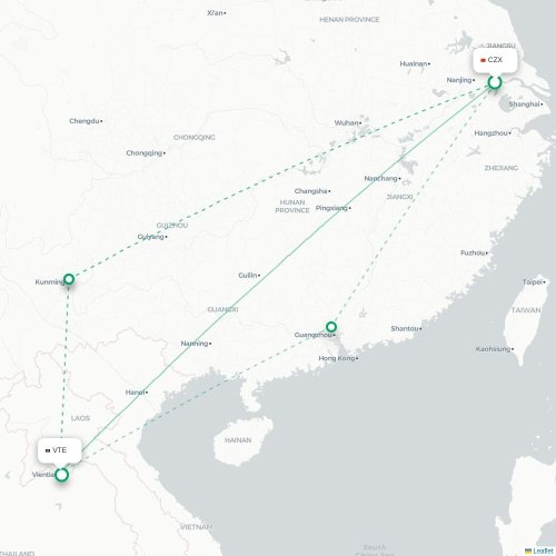 Mapa lotu bezpośredniego Changzhou – Wientian