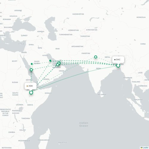 Mapa lotu bezpośredniego Dhaka – Addis Abeba