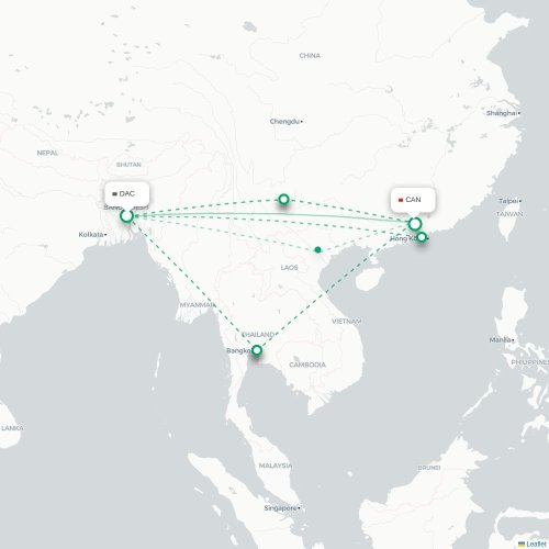 Mapa lotu bezpośredniego Dhaka – Kanton