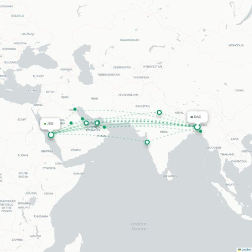 Dhaka - Jeddah kort over direkte fly