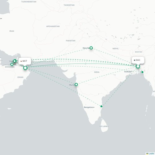 Dhaka - Muscat kort over direkte fly