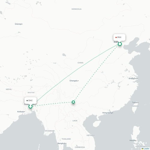Mapa lotu bezpośredniego Dhaka – Pekin