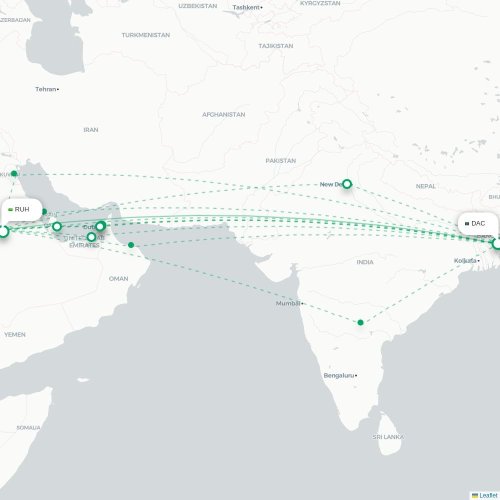 Dhaka - Riyad kaart van rechtstreekse vlucht