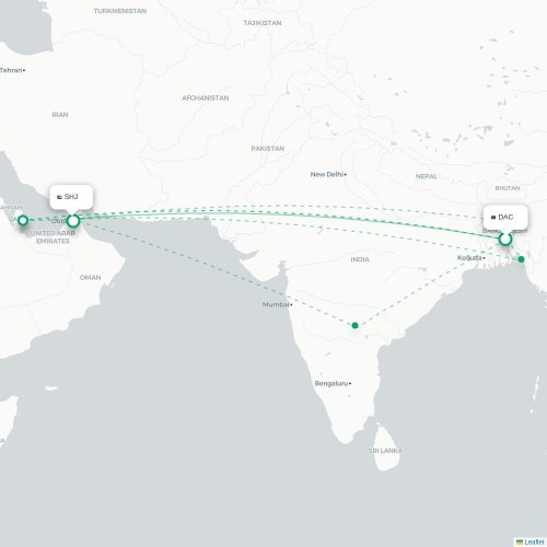 Dhaka - Sharjah kaart van rechtstreekse vlucht