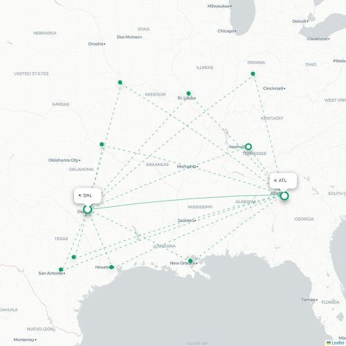 Mapa lotu bezpośredniego Dallas – Atlanta